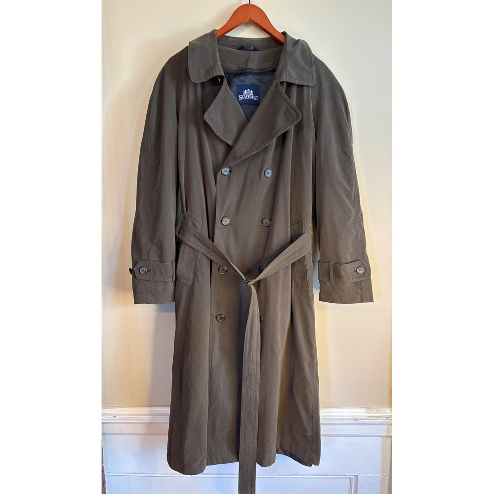 Stafford Mens Double Breasted Trench Coat Removable Liner Dark Olive Regular 40‎